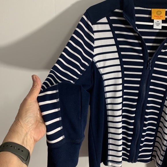 Ruby Rd Navy Blue & White zipper cardigan, Sz PM / MP Medium Petite - Picture 3 of 8